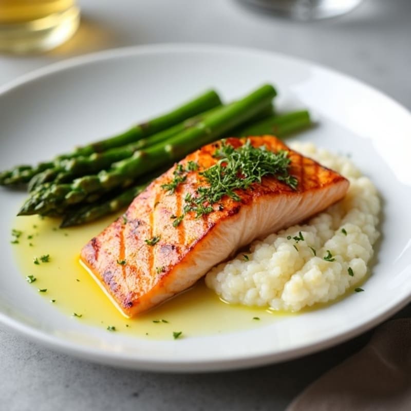 Seared Salmon Fillet with Steamed Asparagus and Cauliflower Mash