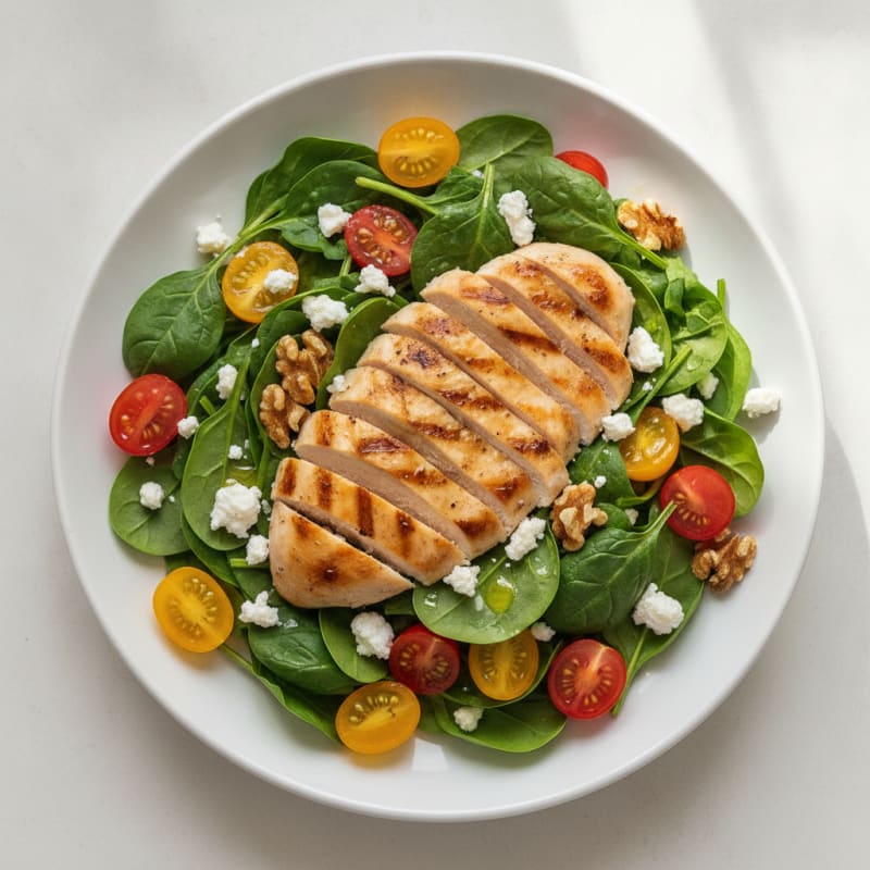 Grilled Chicken Breast Salad with Spinach, Cherry Tomatoes, and Feta