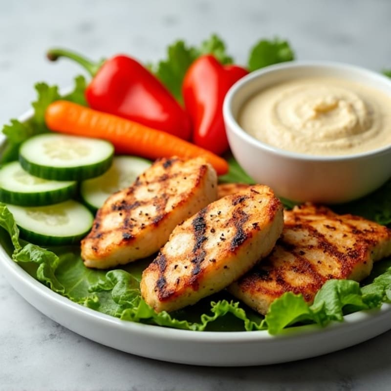 Grilled Chicken and Fresh Vegetable Platter with Creamy Hummus