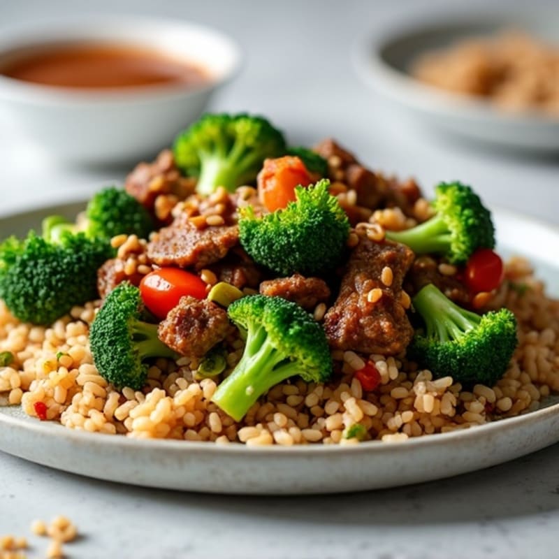 Savory Garlic Ginger Beef and Crispy Broccoli with Brown Rice