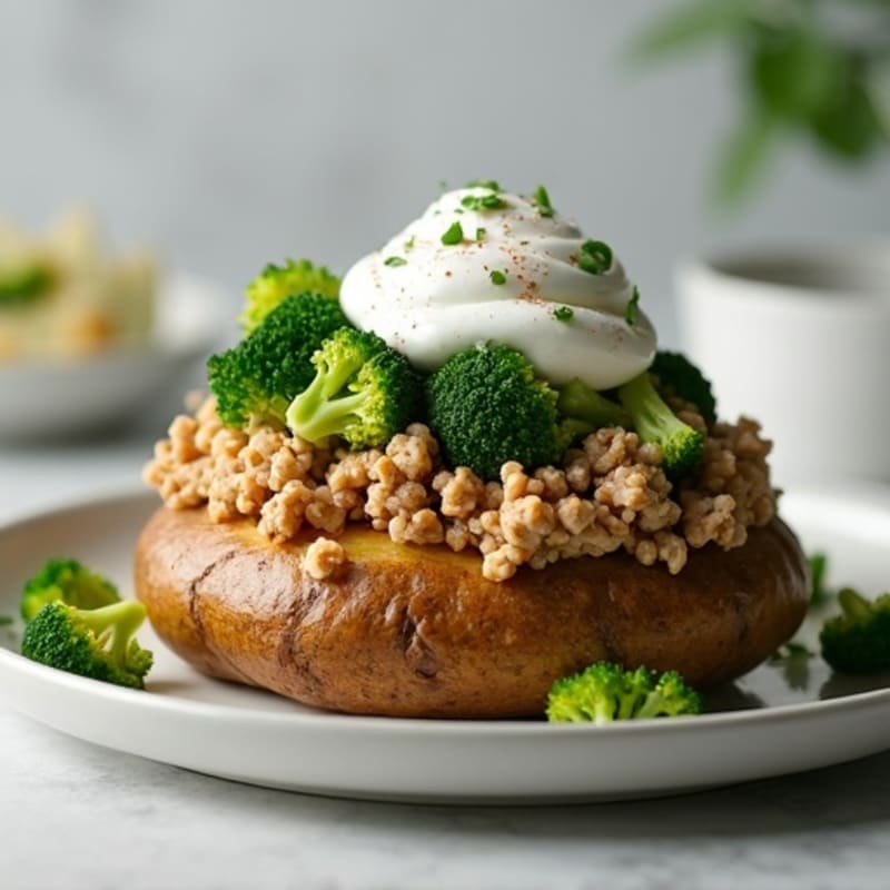 Crispy Baked Potato with Lean Ground Turkey, Roasted Broccoli, and Creamy Greek Yogurt