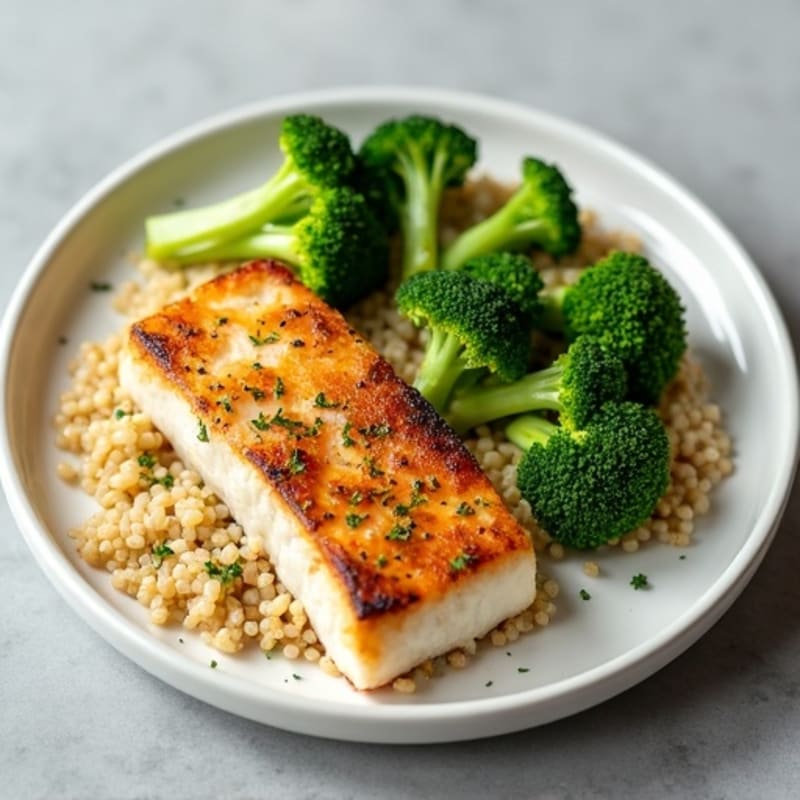Seared Cod with Steamed Broccoli and Garlic Quinoa