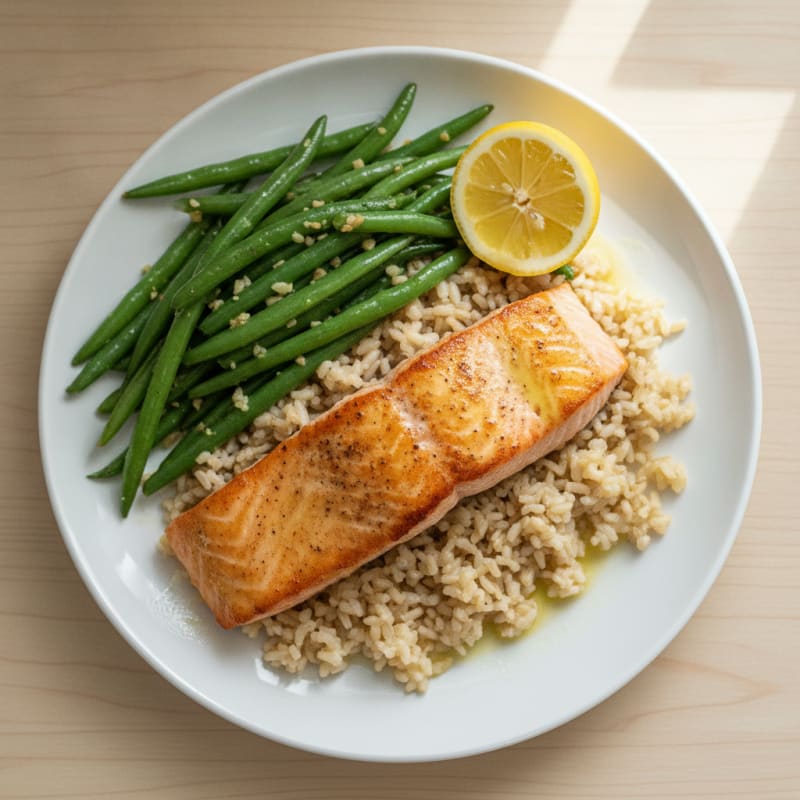 Seared Salmon with Garlic Green Beans and Brown Rice
