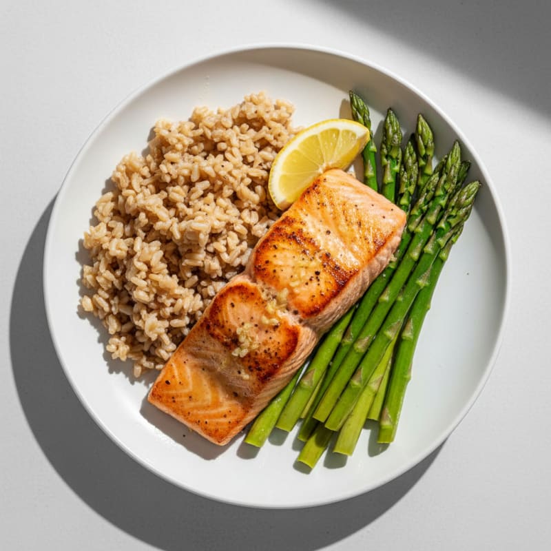 Seared Salmon with Steamed Asparagus and Brown Rice