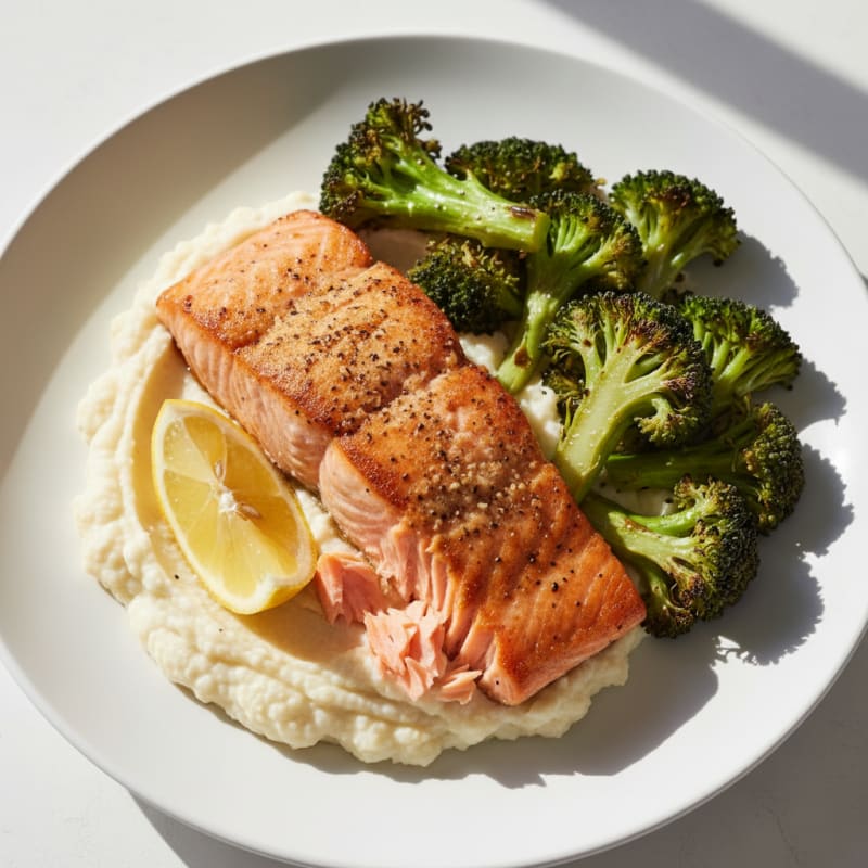 Seared Salmon Fillet with Roasted Broccoli and Cauliflower Mash