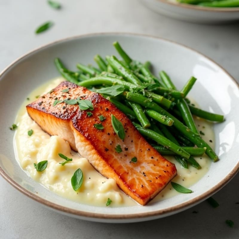 Seared Salmon with Garlic Green Beans and Cauliflower Mash
