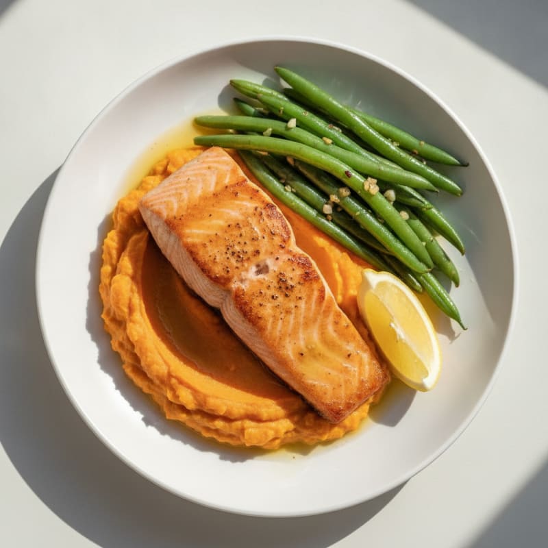 Seared Salmon with Garlic Green Beans and Sweet Potato Mash