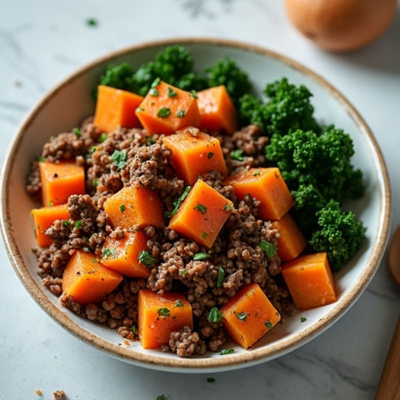 Savory Ground Beef and Sweet Potato Hash with Crispy Kale