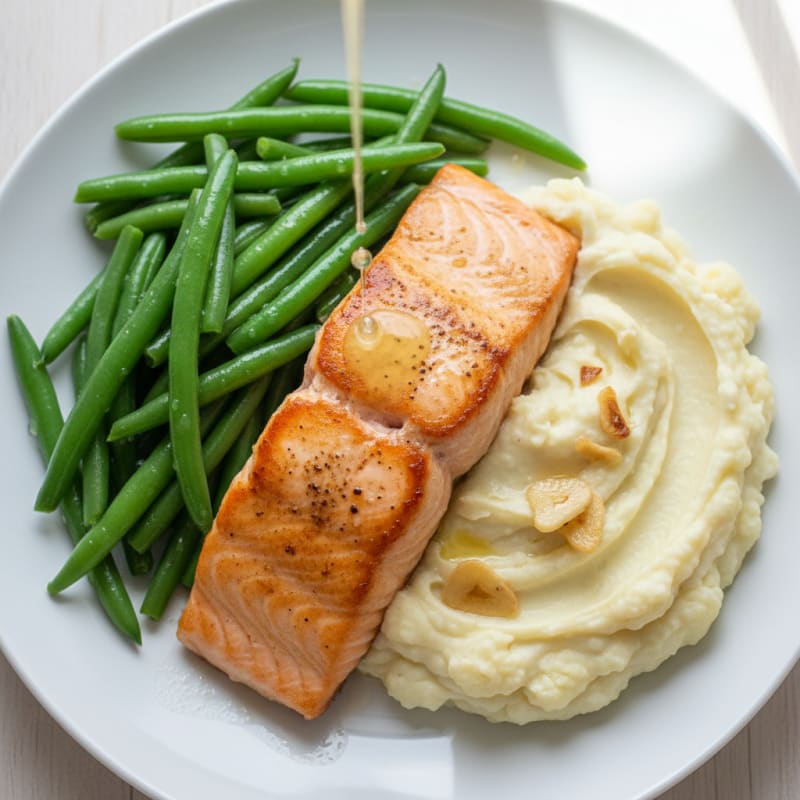 Seared Salmon with Steamed Green Beans and Garlic Mashed Cauliflower
