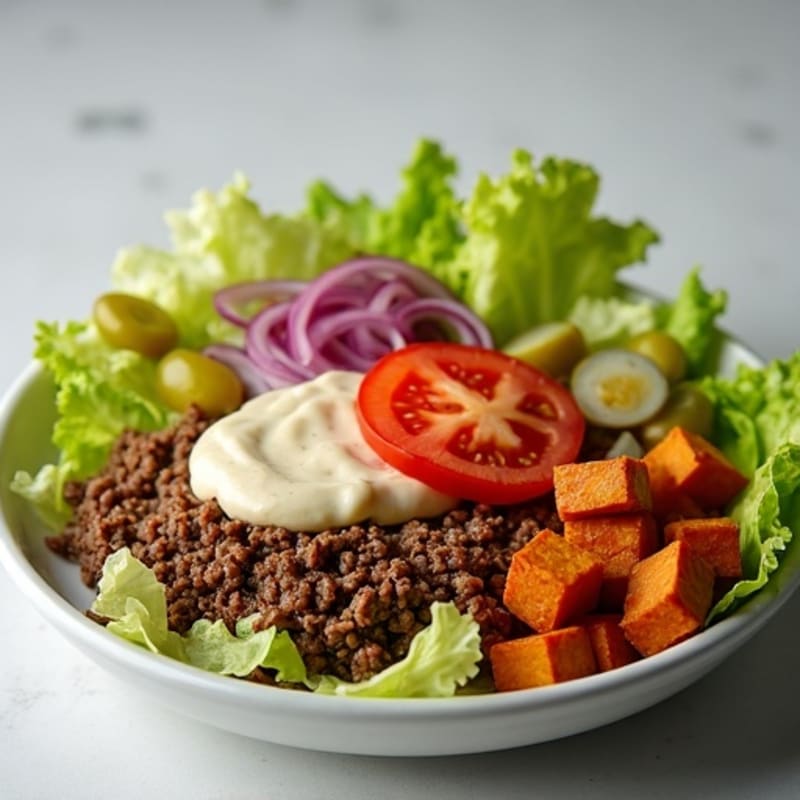 Lean Ground Beef Big Mac Style Bowl with Crisp Lettuce and Creamy Special Sauce