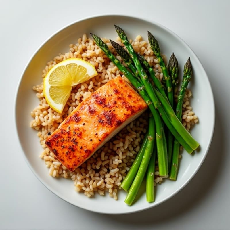 Seared Salmon with Steamed Asparagus and Brown Rice