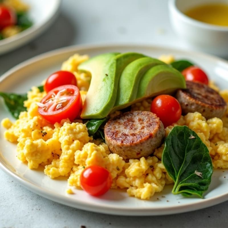 Egg White and Turkey Sausage Scramble with Spinach and Tomatoes