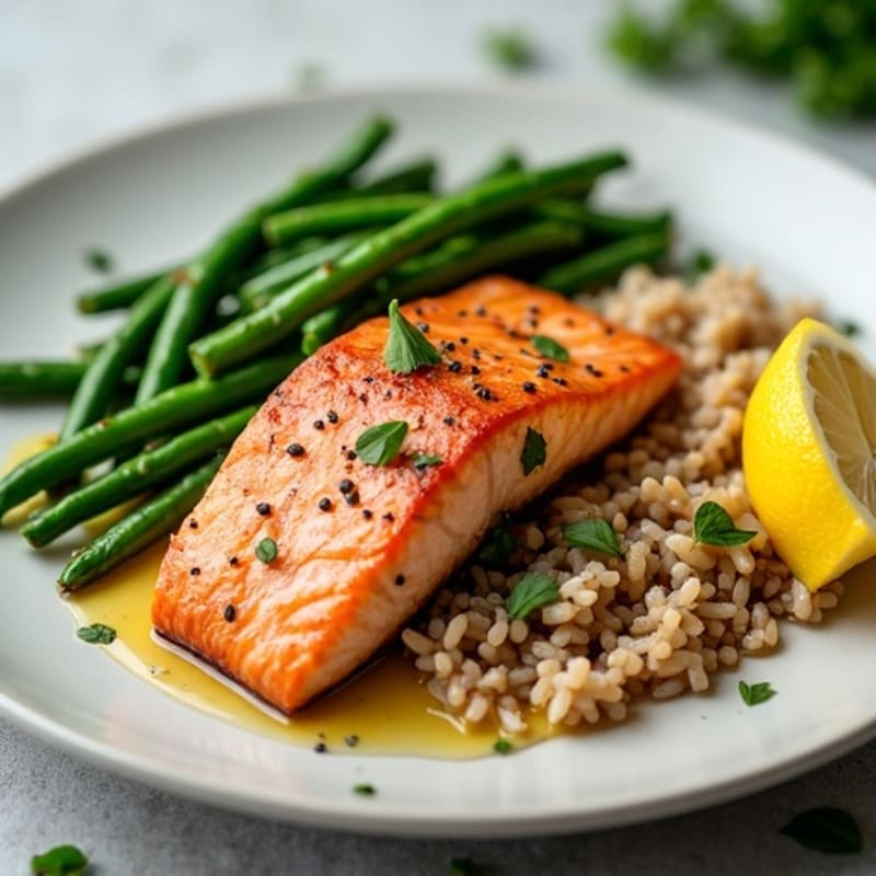 Seared Salmon Fillet with Garlic Green Beans and Brown Rice