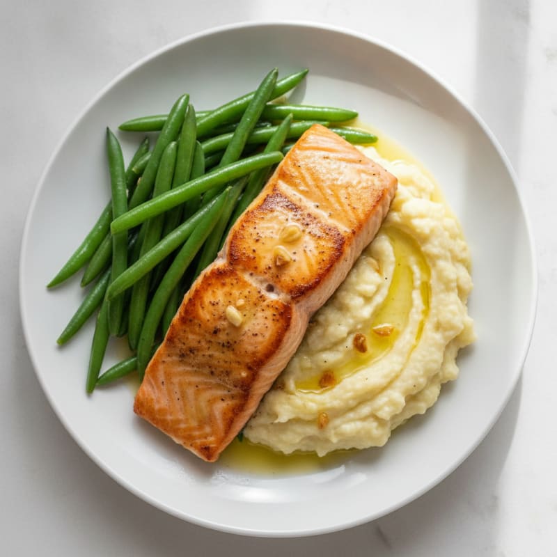 Seared Salmon with Steamed Green Beans and Garlic Mashed Cauliflower