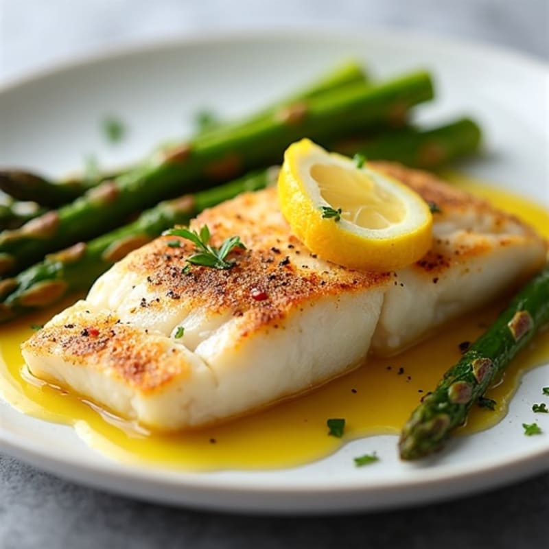 Crispy Pan-Seared Cod with Roasted Asparagus and Lemon