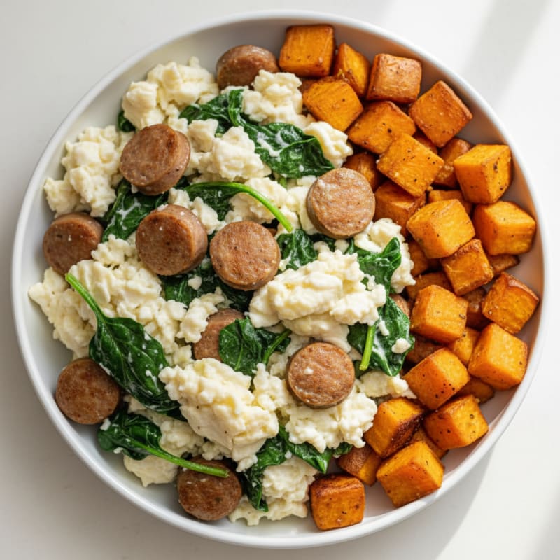 Egg White and Turkey Sausage Scramble with Spinach and Roasted Sweet Potatoes