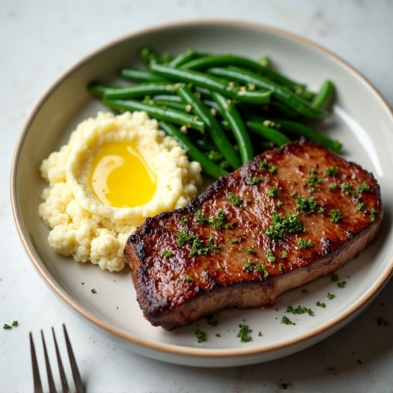Seared Sirloin Steak with Garlic Green Beans and Mashed Cauliflower