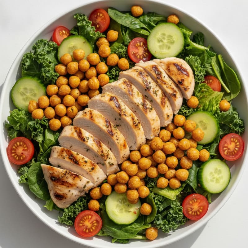 Grilled Chicken Breast Salad with Roasted Chickpeas and Fresh Greens