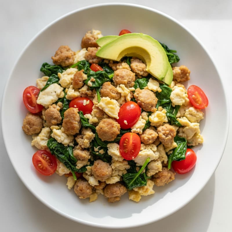 Egg White and Turkey Sausage Scramble with Spinach and Tomatoes