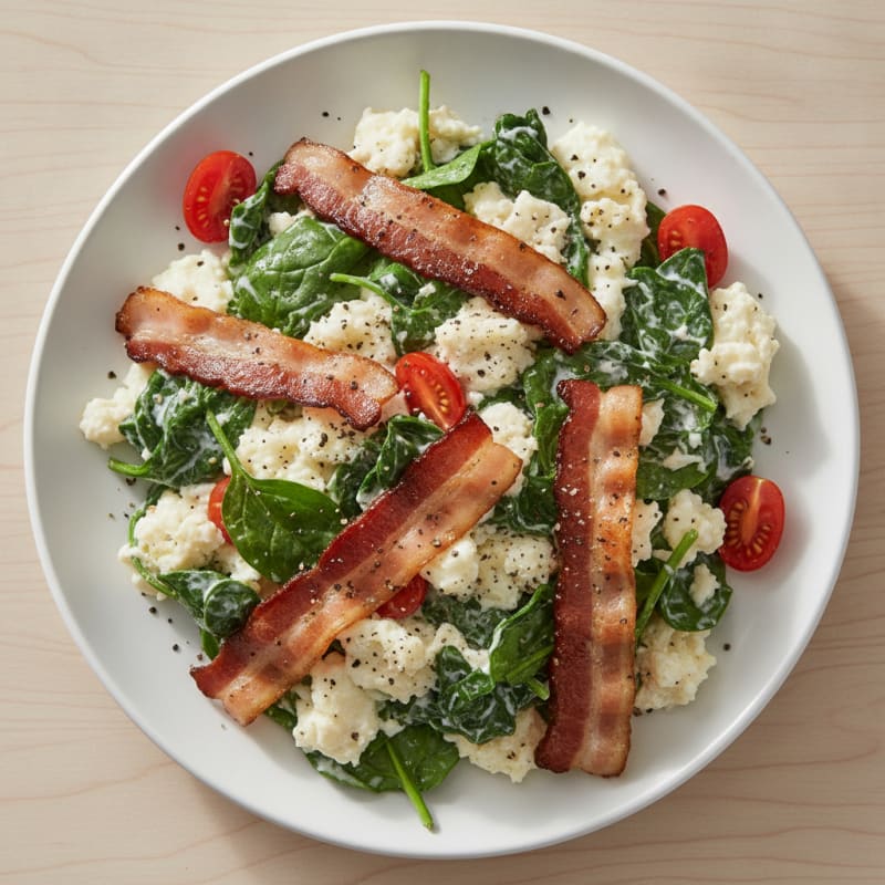 Egg White Scramble with Spinach and Grilled Turkey Bacon