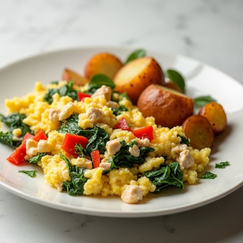 Turkey Spinach Egg White Scramble with Roasted Potatoes