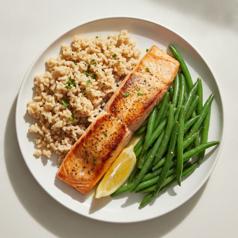 Seared Salmon with Steamed Green Beans and Brown Rice