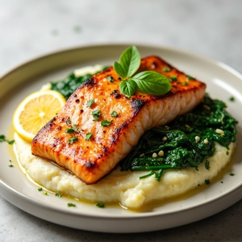 Seared Salmon with Creamy Spinach and Garlic Mashed Potatoes