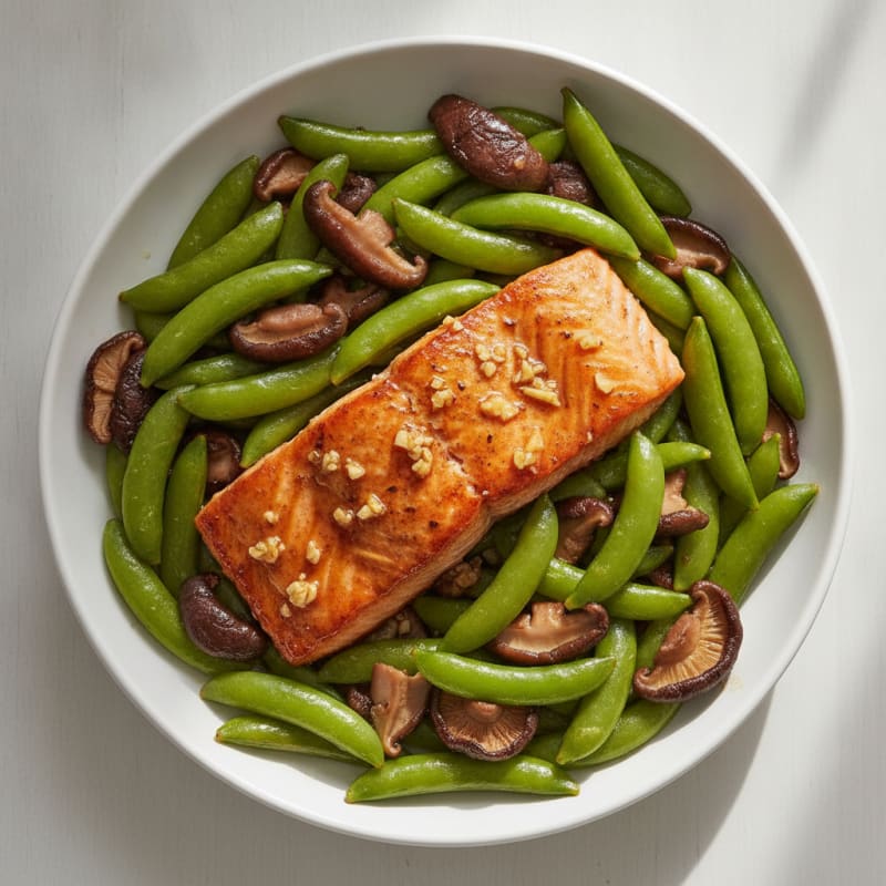 Soy-Glazed Salmon with Stir-Fried Snap Peas and Shiitake Mushrooms