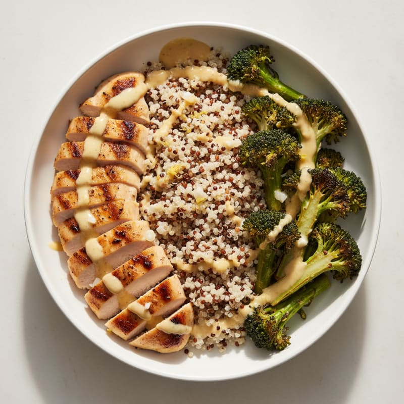 Grilled Chicken Quinoa Bowl with Roasted Broccoli and Lemon Tahini Drizzle