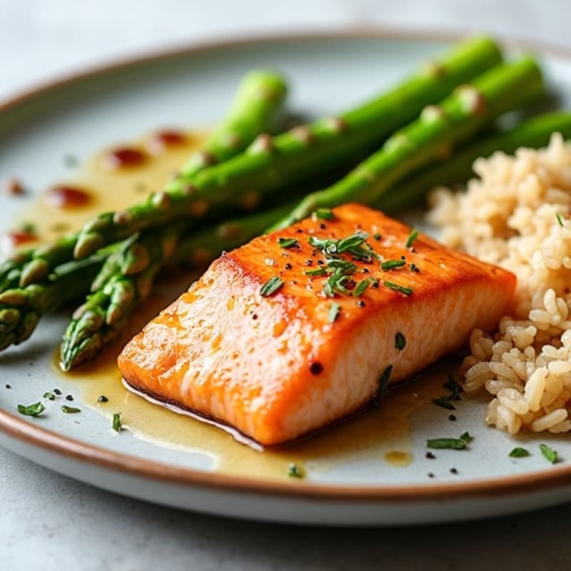 Seared Salmon with Steamed Asparagus and Brown Rice