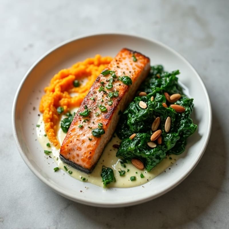 Seared Salmon with Creamy Spinach and Sweet Potato Mash