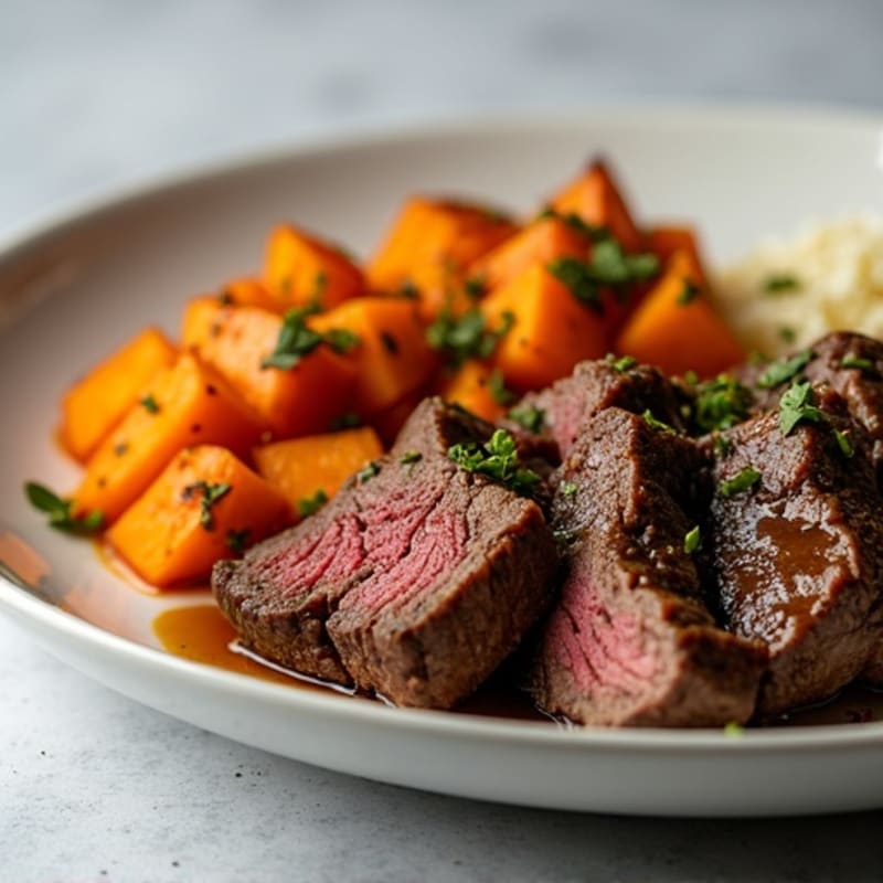 Herb-Seasoned Skillet Beef with Roasted Sweet Potato