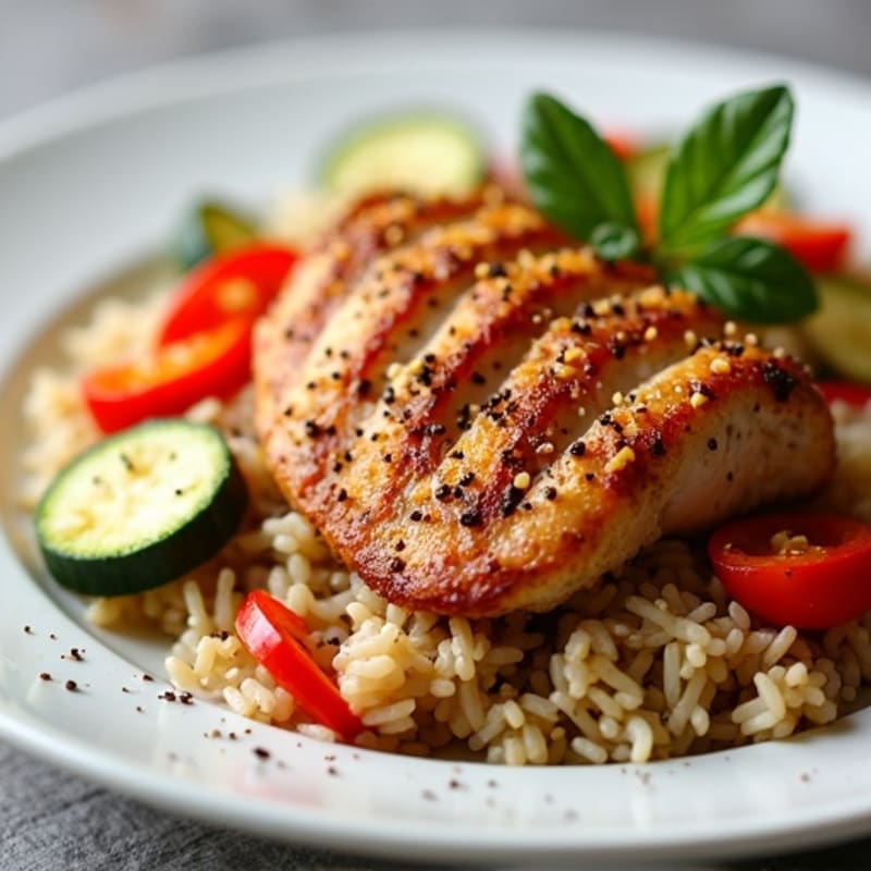 Crispy Black Pepper Turkey with Veggie-Packed Brown Rice