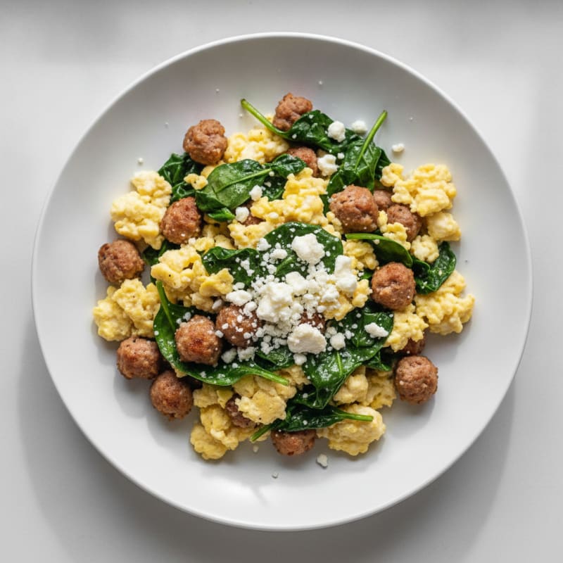 Egg White Scramble with Turkey Sausage and Sautéed Spinach