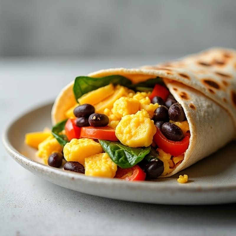 High-Protein Whole Wheat Breakfast Burrito with Fluffy Eggs, Black Beans, and Sautéed Veggies