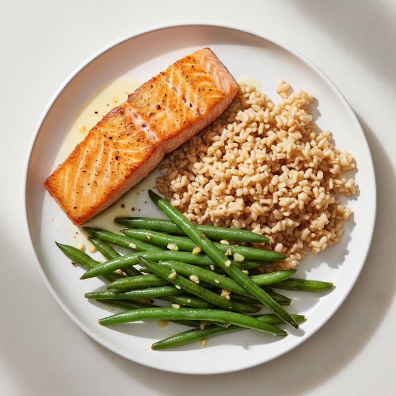 Seared Salmon with Garlic Green Beans and Brown Rice