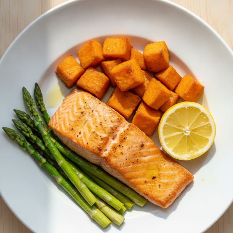 Seared Salmon with Roasted Sweet Potatoes and Asparagus