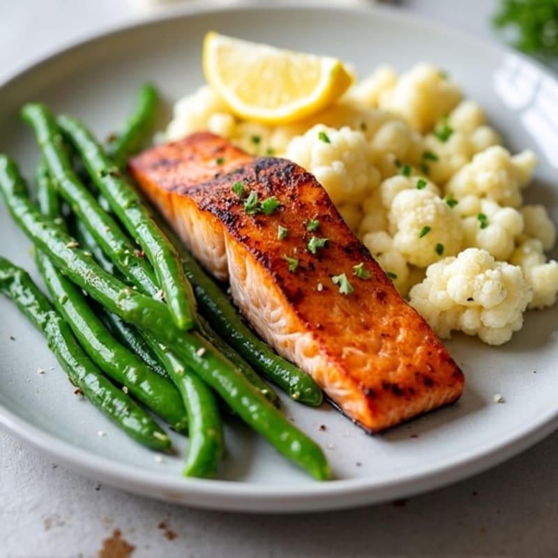 Seared Salmon with Steamed Green Beans and Garlic Cauliflower Mash