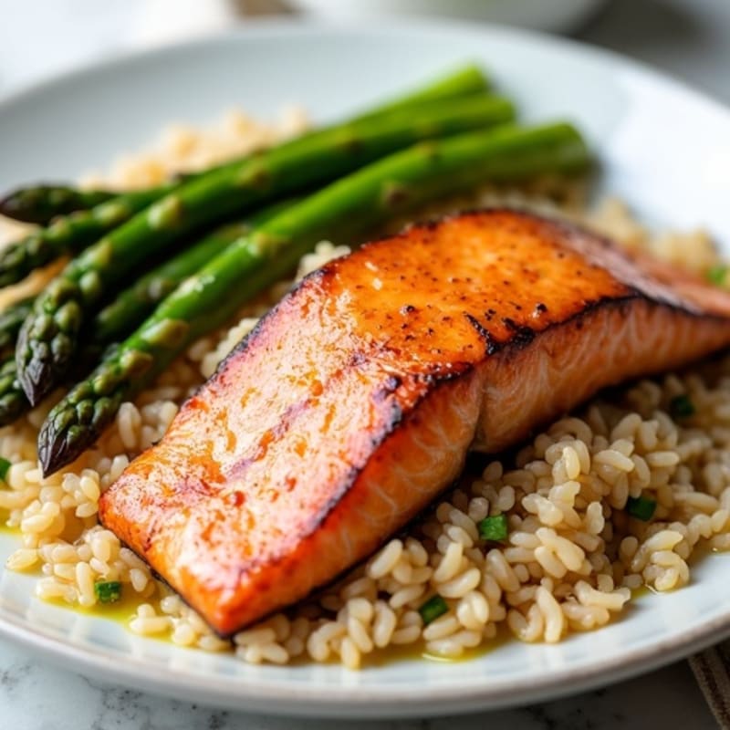 Seared Salmon Fillet with Brown Rice and Steamed Asparagus