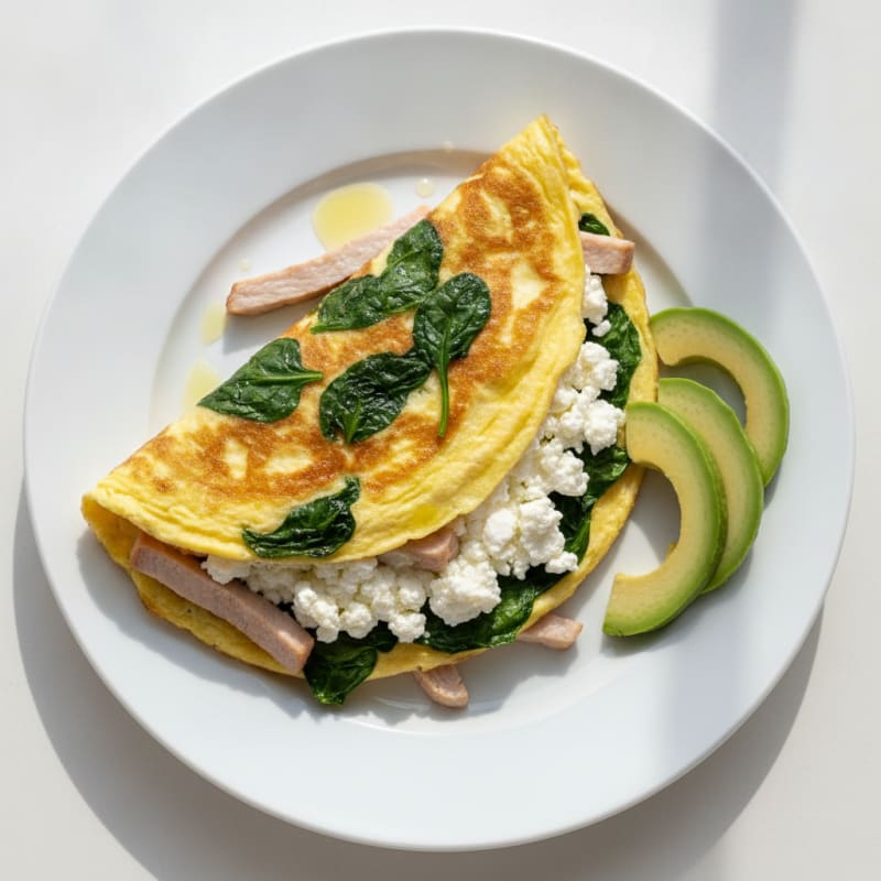 Egg White Spinach Omelette with Cottage Cheese and Sliced Turkey