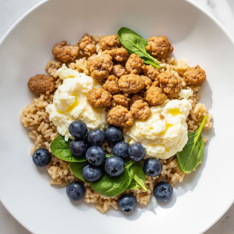 Egg White and Turkey Sausage Rice Bowl with Fresh Berries