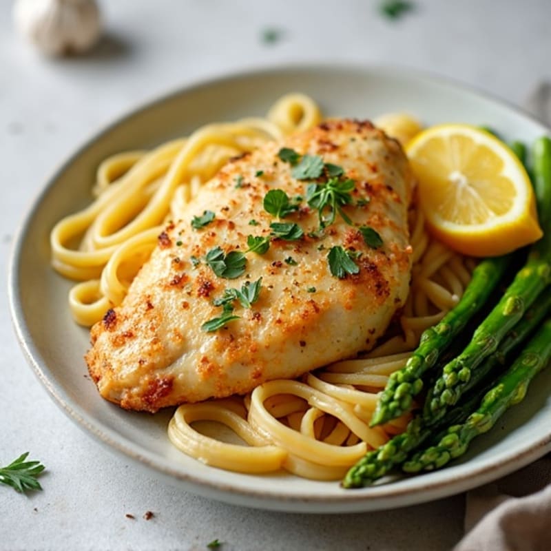Lemon Garlic Chicken Pasta with Roasted Asparagus