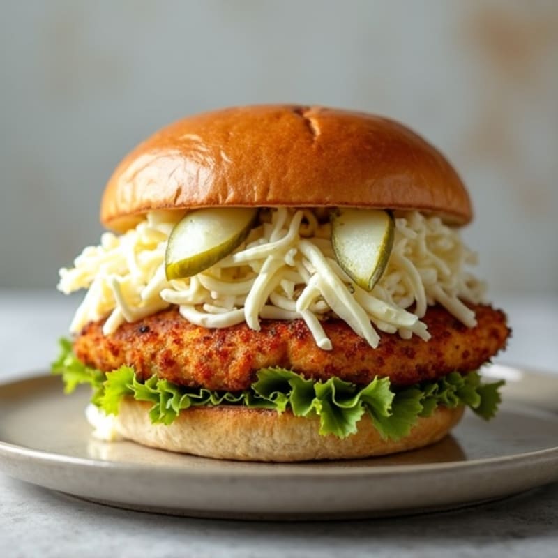 Crispy Air-Fried Chicken Sandwich with Dill Pickles and Creamy Slaw