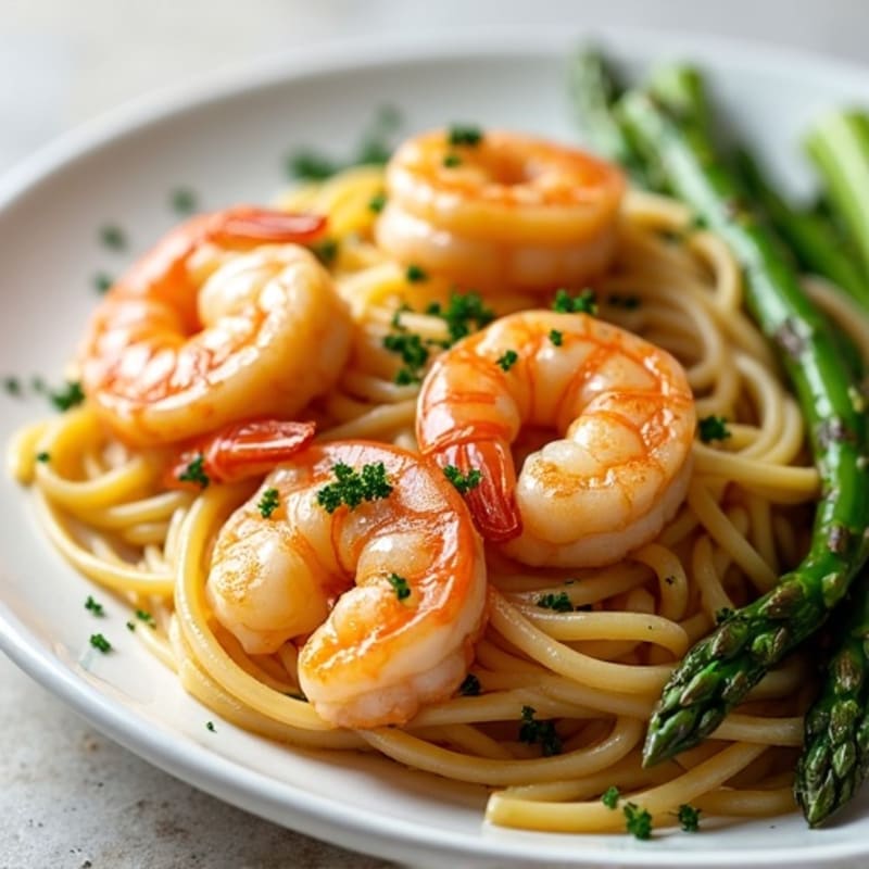 Fresh Garlic Butter Shrimp with Whole Wheat Linguine and Roasted Asparagus