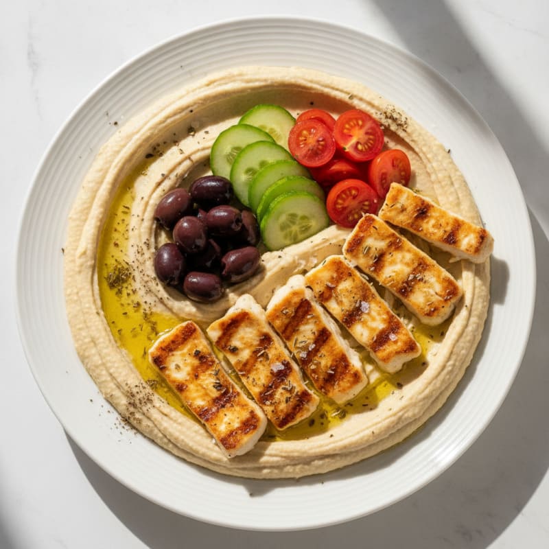 Hummus Platter with Grilled Halloumi and Olives