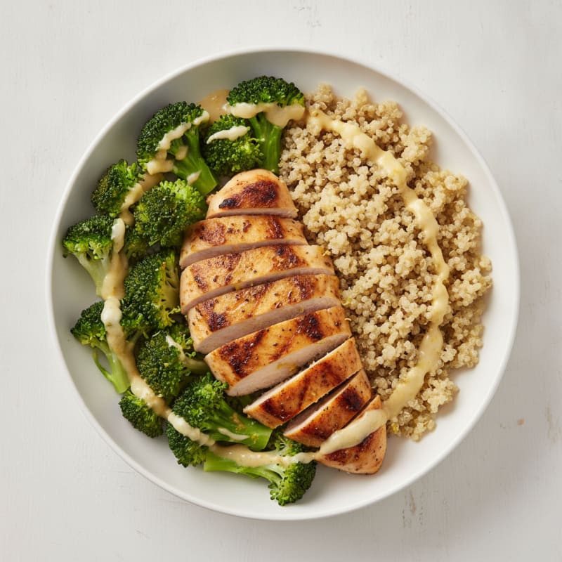 Grilled Chicken and Quinoa Bowl with Steamed Broccoli and Lemon Tahini Drizzle