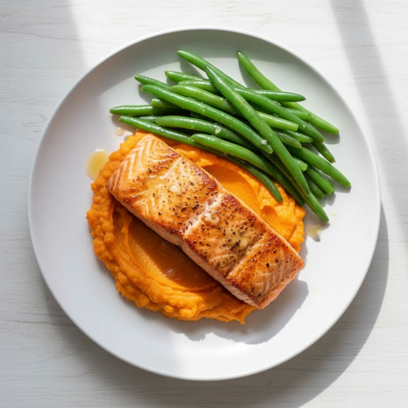Seared Salmon with Steamed Green Beans and Sweet Potato Mash