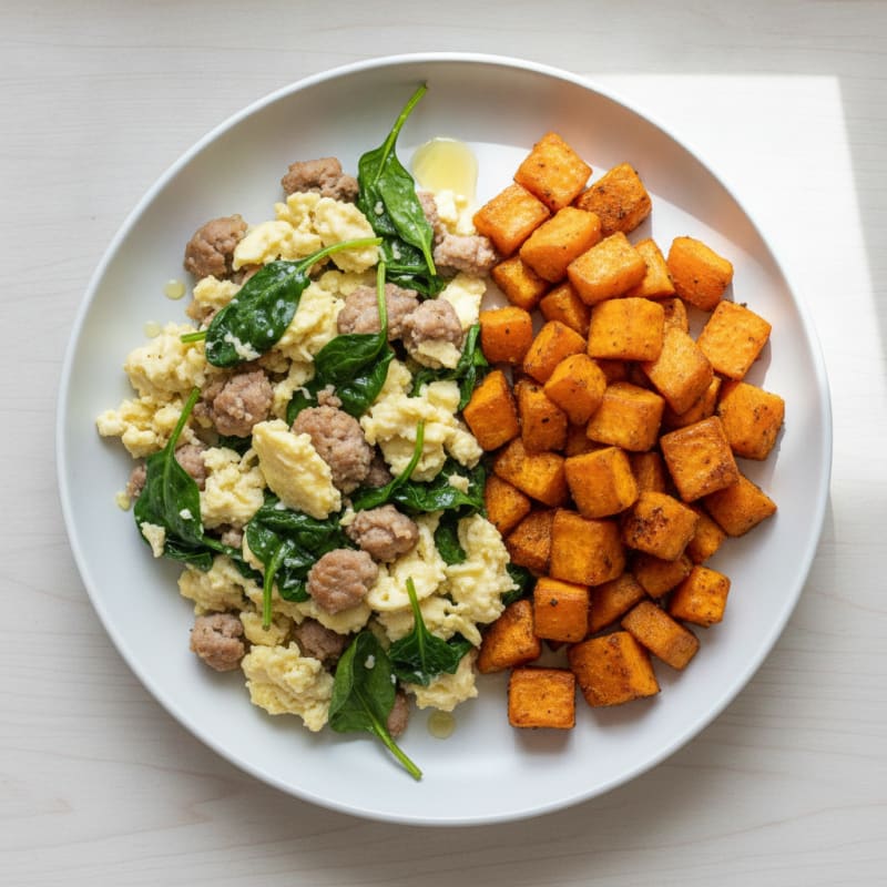 Egg White Scramble with Turkey Sausage and Sautéed Spinach
