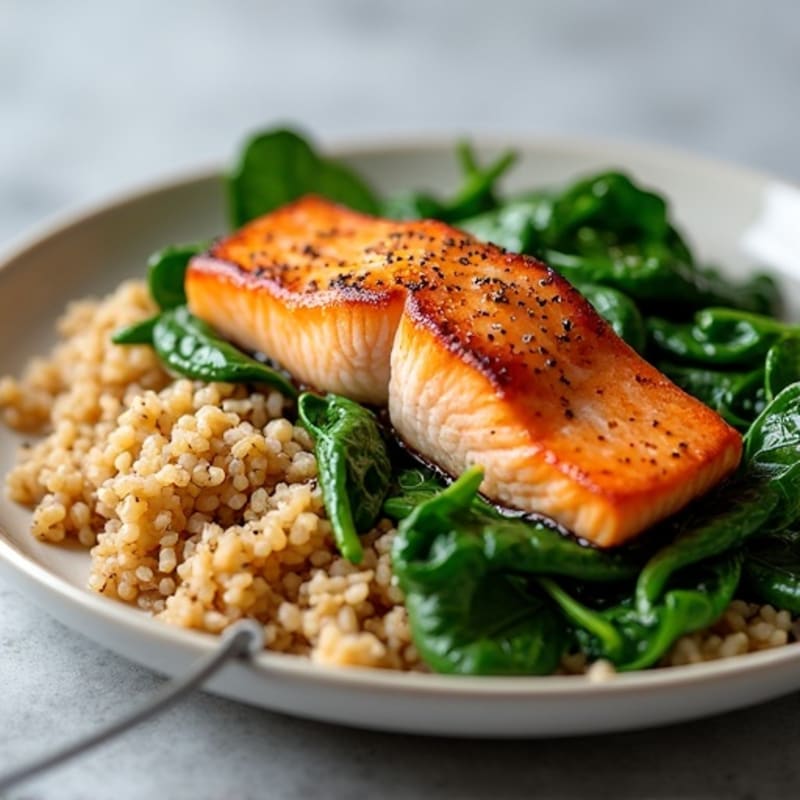 Seared Salmon with Garlic Spinach and Brown Rice