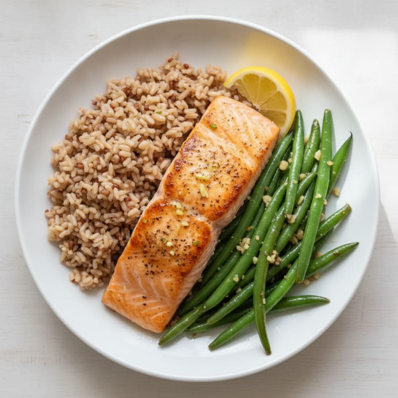 Seared Salmon with Garlic Green Beans and Brown Rice